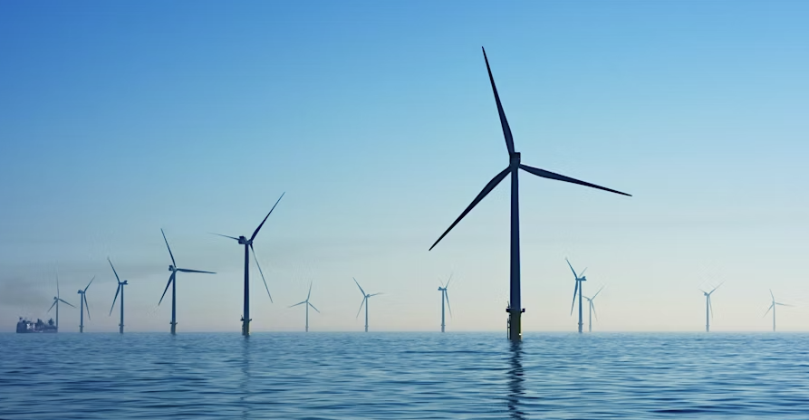 Offshore wind turbines spaced across calm sea under a clear blue sky.